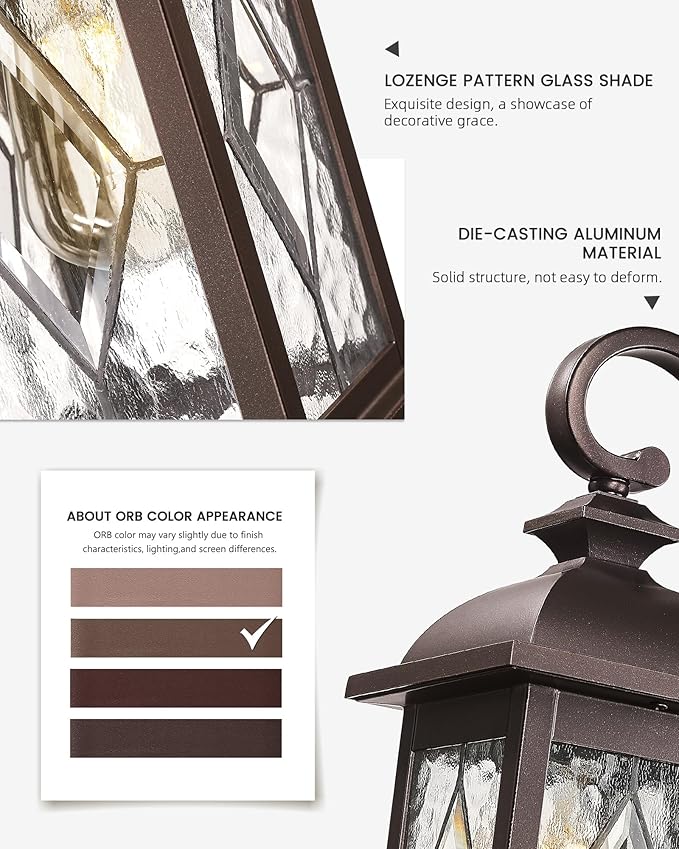 FEMILA Outdoor Wall Light Fixtures, Exterior Waterproof Wall Sconce, 15" Front Porch Lights, Anti-Rust ORB Finish with Hammered Glass, UL Listed, 4FD54B ORB-SD