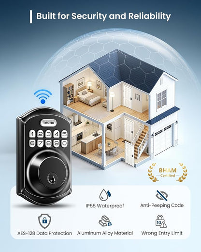 TEEHO TE011W WiFi Keypad Deadbolt, Smart Locks for Front Door, Matte Black