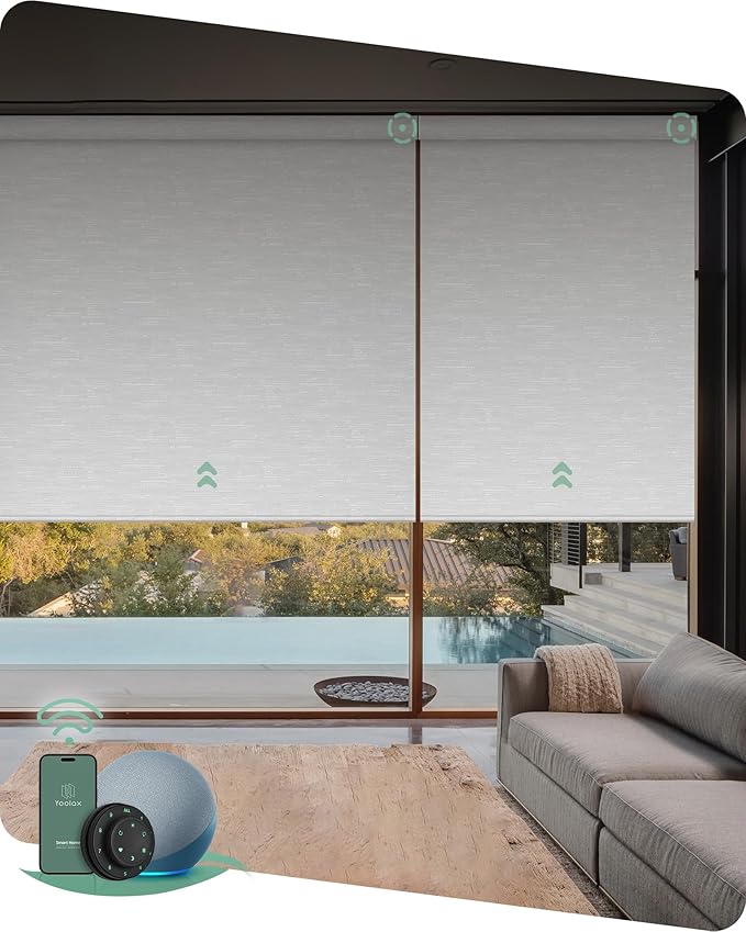 Yoolax Motorized Blinds with Remote, 100% Blackout Smart Blinds Work with Alexa, Google, Apple Homekit, Motorized Shades for Bedroom, Custom Electric Shades Voice Control (Jacquard White)