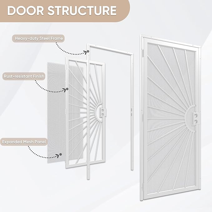 JUBEST 32 in. x 80 in. Security Door, Exterior Front Entry Door, Outswing Steel Security Door with Perforated Metal Screen, Powder Coated White, Lock Not Include