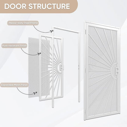 JUBEST 32 in. x 80 in. Security Door, Exterior Front Entry Door, Outswing Steel Security Door with Perforated Metal Screen, Powder Coated White, Lock Not Include