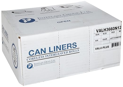 Inteplast Group VALH3660N16 55 Gallon Capacity, 58" Length x 36" Width x 14 Mic Thickness, Natural Color, HDPE Commercial Coreless Valu-Plus Institutional Trash Can Liner (Case of 8 Roll, 25 Bags per
