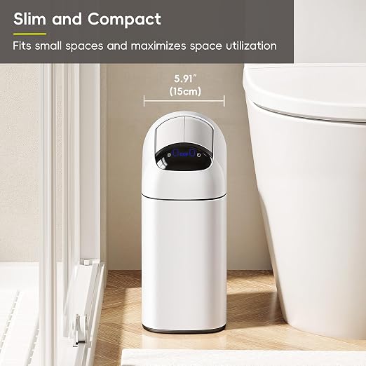 EKO Astro Slim Sensor Trash Can, 10L / 2.6 Gallon Touchless Garbage Bin with Soft-Close Retractable Wing Lid, Motion Sensor Stainless Steel Garbage Can for Bathroom, Kitchen, Office, Waterproof, White