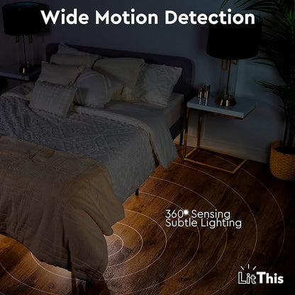 Under Bed Lights Motion Sensor Patented 360° motion activated night light for under bed light. – No Installation, easily positioned, dimmable, auto on/off.