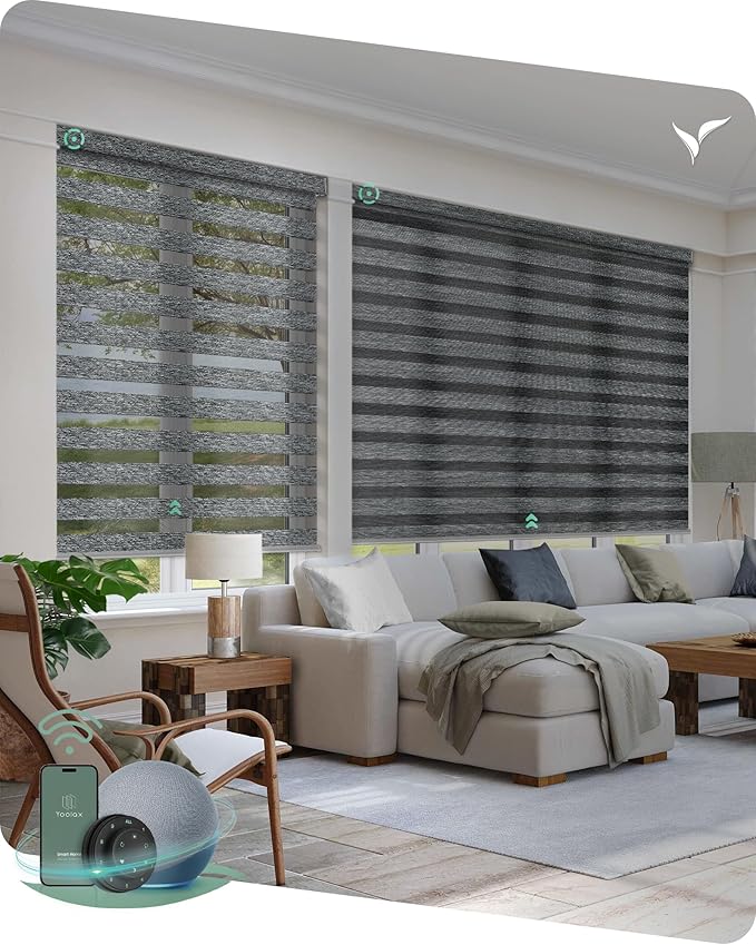 Yoolax Motorized Blinds with Remote, Motorized Zebra Shades Compatible with Alexa, Privacy Motorized Blinds, Zebra Shades for Windows Custom Size(V-Jungle Dark Grey)
