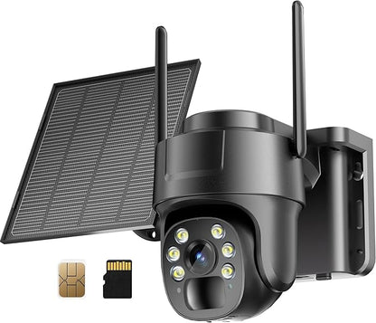 KKB 4G LTE Cellular Security Camera, No WiFi Security Camera Outdoor Built-in SIM Card and 64GB SD Card, Solar Powered, 2K Wireless Cam Color Night Vision, PIR Motion Sensor, PTZ 355° View, 2-Way Talk
