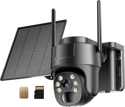 KKB 4G LTE Cellular Security Camera, No WiFi Security Camera Outdoor Built-in SIM Card and 64GB SD Card, Solar Powered, 2K Wireless Cam Color Night Vision, PIR Motion Sensor, PTZ 355° View, 2-Way Talk