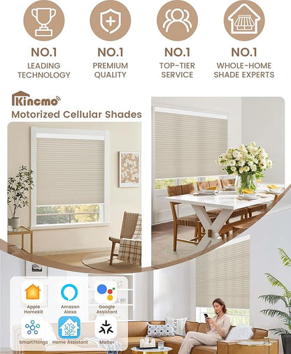 Kincmo Motorized Cellular Shades, Custom Motorized Blinds with Remote, Cordless Smart Electric Honeycomb Blinds Work with Apple HomeKit, Alexa, Google (75%-Blackout-Single-Cell Beige)
