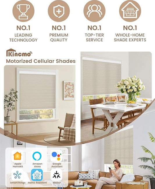 Kincmo Motorized Cellular Shades, Custom Motorized Blinds with Remote, Cordless Smart Electric Honeycomb Blinds Work with Apple HomeKit, Alexa, Google (75%-Blackout-Single-Cell Beige)