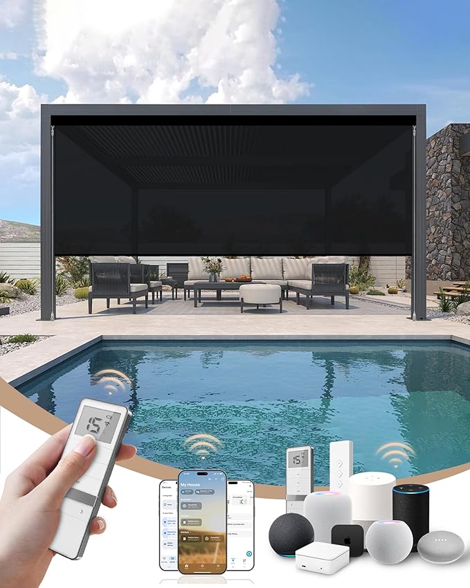 Kincmo Motorized Outdoor Shades for Patio Porch, Custom Outdoor Motorized Blinds with Remote, Waterproof & Windproof Patio Shades Work with Apple Homekit,Alexa,Google (1% Openness Black)