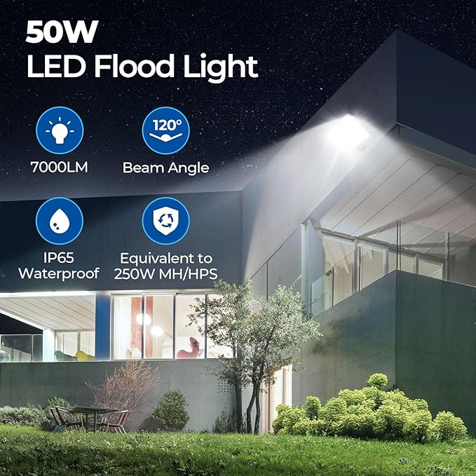 CINOTON 50W LED Flood Light Outdoor, 7000LM IP65 Waterproof Security Wall Pack Light Fixture with 180°Knuckle for Patio Porch Garage Garden Lanscape 5000K Daylight 100-277V 2 Pack
