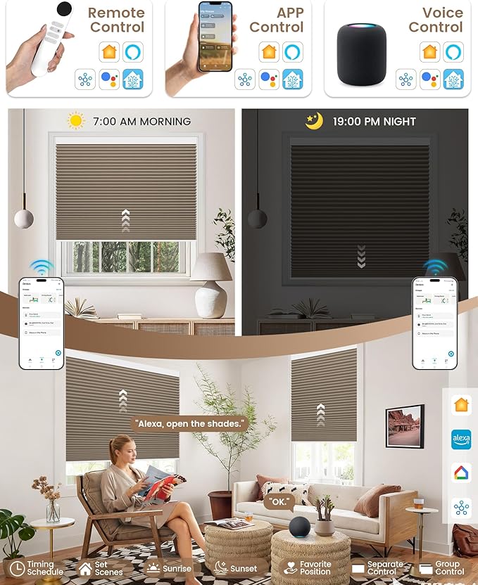 Kincmo Motorized Cellular Shades, Custom Motorized Blinds with Remote, Cordless Smart Electric Honeycomb Blinds Work with Apple HomeKit, Alexa, Google (100%-Blackout-Single-Cell Coffee)