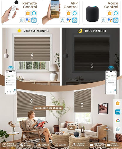 Kincmo Motorized Cellular Shades, Custom Motorized Blinds with Remote, Cordless Smart Electric Honeycomb Blinds Work with Apple HomeKit, Alexa, Google (100%-Blackout-Single-Cell Coffee)