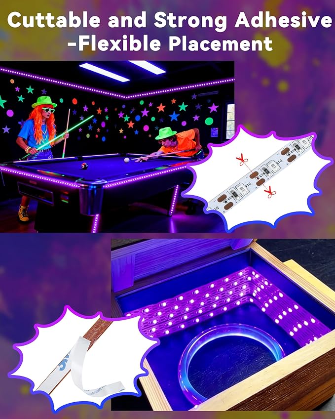 16.4FT Black Light Strip with USB Plug + Battery Box, Adhesive 300LEDs Blacklight Fixture, Battery & USB Operated for Glow Neon Party Birthday Glass Cabinet Fluorescent Poster Fishing Boat