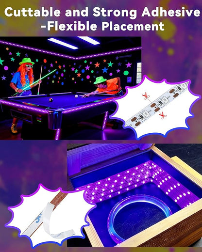 33FT USB Black Lights LED Strip, Battery Operated Black Light Tapestry Light, 300LEDs Blacklight for Bedroom Glassroom, Halloween, Glow Neon Party, Birthday, Fluorescent Poster Painting,4 Pack