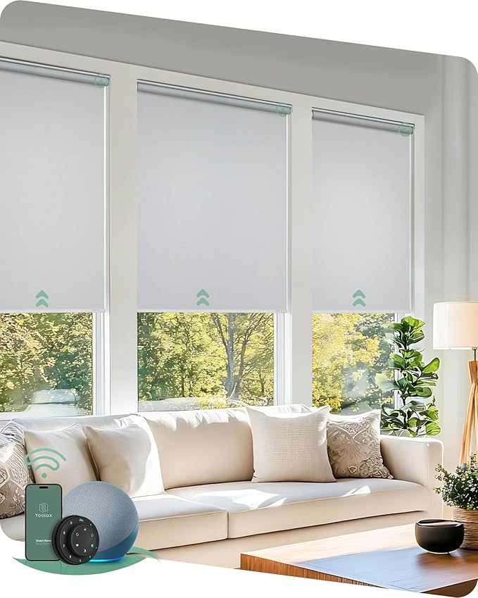 Yoolax Motorized Blinds with Remote, 100% Blackout Smart Roller Shades Work with Alexa, Google, Apple Homekit, Custom Automatic Shades with Voice Control for Bedroom Office (Fabric Grayish White)