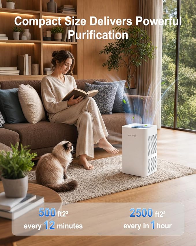 Ambersky Air Purifier for Home, True HEPA Filter for Large Room Up To 2500 Sq Ft, with Real-Time AQI & PM2.5 Display, Sleep Mode, 5 Fan Speeds, 360° Air Cleaner for Pet Hair, Smoke, Dust, Odor