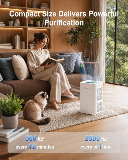 Ambersky Air Purifier for Home, True HEPA Filter for Large Room Up To 2500 Sq Ft, with Real-Time AQI & PM2.5 Display, Sleep Mode, 5 Fan Speeds, 360° Air Cleaner for Pet Hair, Smoke, Dust, Odor