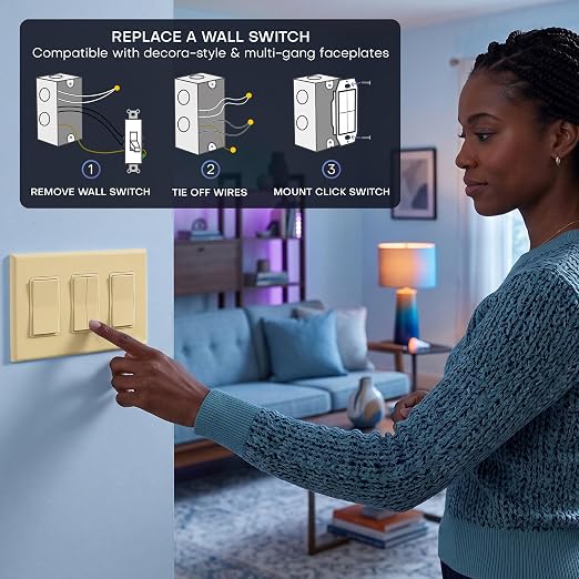 RunLessWire Click for Hue Battery-Free Wireless Smart Switch 3 Pack Ivory | Dimmable Kinetic Switch Pairs Natively to Philips Hue Bridge, 4 Programmable Buttons to Control Scenes & Areas, 100ft Range