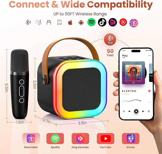 Mini Karaoke Machine for Kids Adults, 2026 TOP Birthday Gifts for Girls Boys 3,4,5,6,7,8+Year Old Toddler Toys, Portable Bluetooth Speaker with 2 Wireless Karaoke Microphones Player (Black)