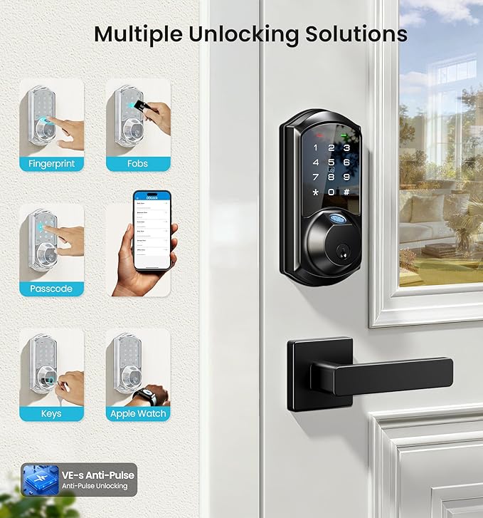 Veise VE07-L Fingerprint App Control Smart Locks with Heavy-Duty Zinc Alloy Handles, Keyless Entry for Front Door, Digital Electronic Touchscreen, Auto Lock, Waterproof, Easy Install, Matte Black