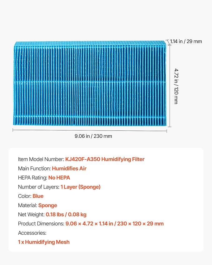 VEVOR Air Purifier Filter Replacement, Compatible with KJ420F-A35 Filter Accessories with Precision Mesh Screen, Washable & Reusable, Easy to Replace for Indoor Room Office Humidifying, Blue