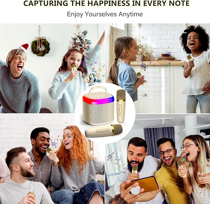 HWWR Karaoke Machine, Mini Bluetooth Speaker with 2 Wireless Microphones, Disco Lights Karaoke Home Party, Xmas Birthday Gifts for Singing