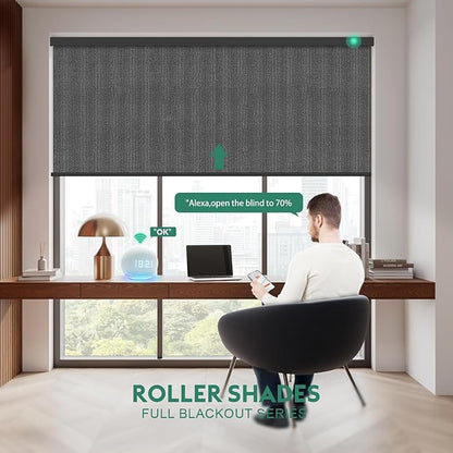 Motorized Blinds with Remote [100% Blackout & Silent Motor] Smart Blinds Compatible with Alexa Google HomeKit, Electric Roller Shades for Indoor Windows, Customized Size, Crossweave Charcoal