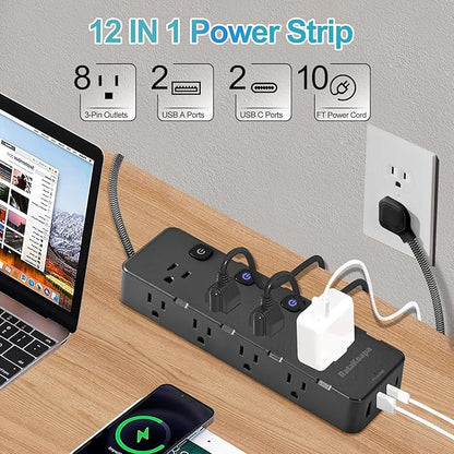 Surge Protector Power Strip 10 Ft - 8 Widely AC Outlet 4 USB Ports(2 USB C), Flat Plug Extension Cord with Multiple Outlets, Individual Switches, Desk Extender for Dorm, Home, Office Essentials, 1400J
