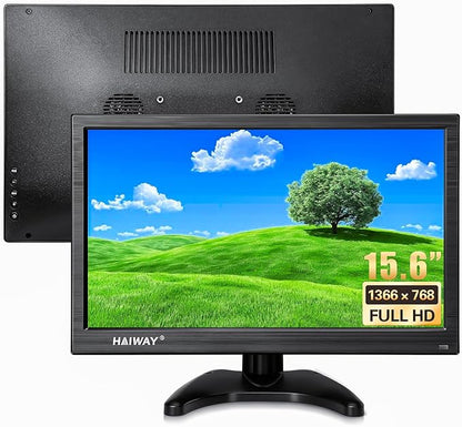 Haiway 15.6 Inch Small HDMI Monitor, 1366x768 Resolution Security CCTV Monitor with HDMI BNC VGA AV USB Ports, Built-in Speakers LED Monitors for PC, Laptop and Computer for Home Office Warehouse