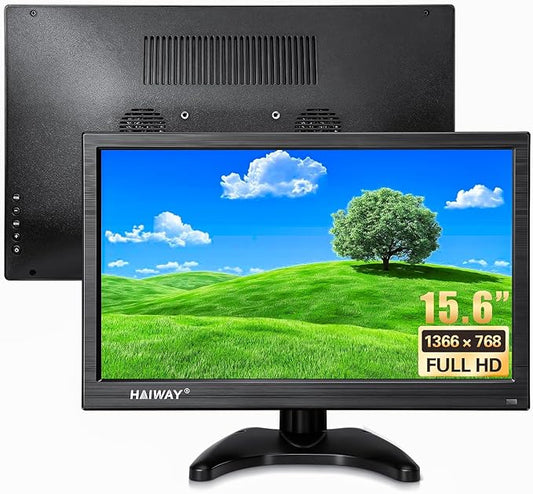 Haiway 15.6 Inch Small HDMI Monitor, 1366x768 Resolution Security CCTV Monitor with HDMI BNC VGA AV USB Ports, Built-in Speakers LED Monitors for PC, Laptop and Computer for Home Office Warehouse