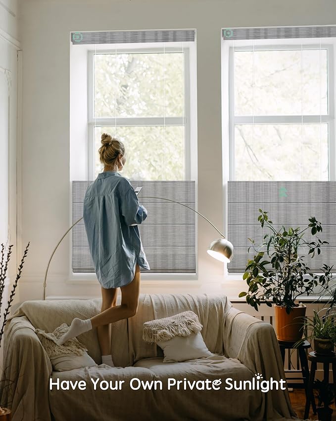 Yoolax Smart Top Down Bottom Up Roman Shades, Motorized Roman Shades with Remote, Light Filtering Smart Blinds Work with Alexa, Google, Apple Homekit for Living Room, Customized (Strip Light Grey)