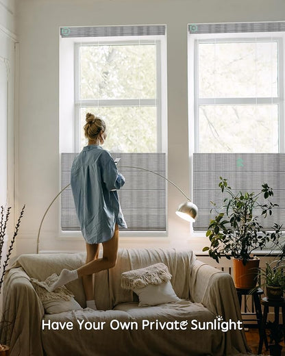 Yoolax Smart Top Down Bottom Up Roman Shades, Motorized Roman Shades with Remote, Light Filtering Smart Blinds Work with Alexa, Google, Apple Homekit for Living Room, Customized (Strip Light Grey)