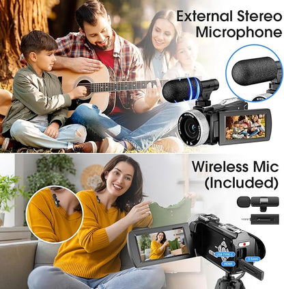 4K UHD Video Camera Camcorder, 48MP YouTube Vlogging Camera with Wireless Lavalier Microphone, 18X Digital Zoom, 3" 270° Rotatable IPS Screen, with Remote, 32GB Card & 2 Batteries