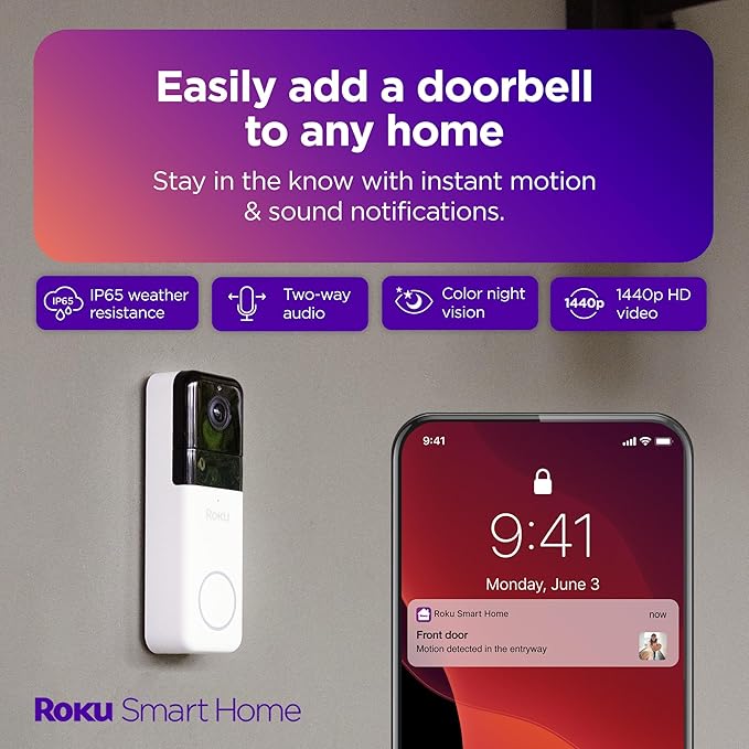 Roku Smart Home Wireless Video Doorbell & Chime - 1440p HD Night Vision Ultrawide View Doorbell Camera with Motion & Sound Detection, Works with Alexa & Google - 90-Day Subscription Included (Renewed)