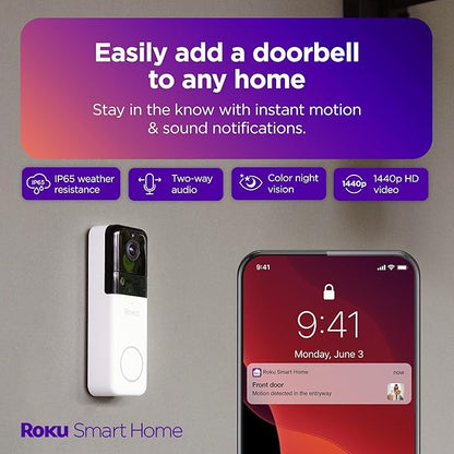 Roku Smart Home Wireless Video Doorbell & Chime - 1440p HD Night Vision Ultrawide View Doorbell Camera with Motion & Sound Detection, Works with Alexa & Google - 90-Day Subscription Included (Renewed)