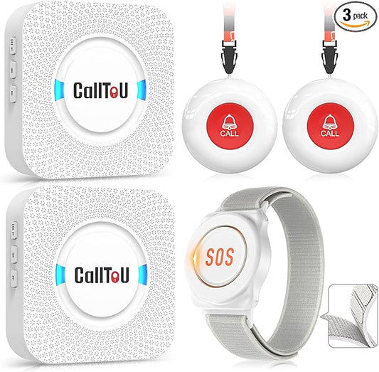 CallToU Caregiver Pager Wireless Call Button Nurse Alert System 500+ Feet for Home/Elderly/Patient/Disabled 06WS (2 Receiver 2 Round Button 1 Watch Button(5 Piece))
