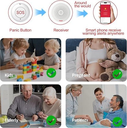 XUK WiFi SOS Caregiver Pager Call Button for Elderly, No Monthly Fee 2.4GHz Wi-Fi APP Control Wireless Nursing Call System with 1 SOS Watch Pagers & 1 Receiver Life Alert Systems for Seniors