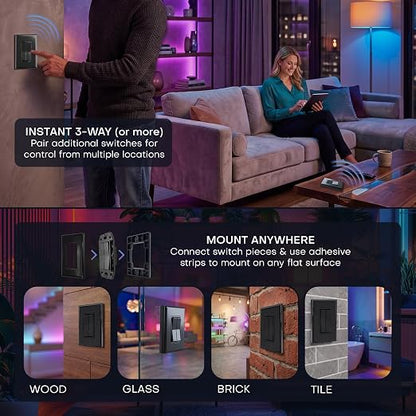 RunLessWire Click for Hue Battery-Free Wireless Smart Switch 3 Pack Black | Dimmable Kinetic Switch Pairs Natively to Philips Hue Bridge, 4 Programmable Buttons to Control Scenes & Areas, 100ft Range