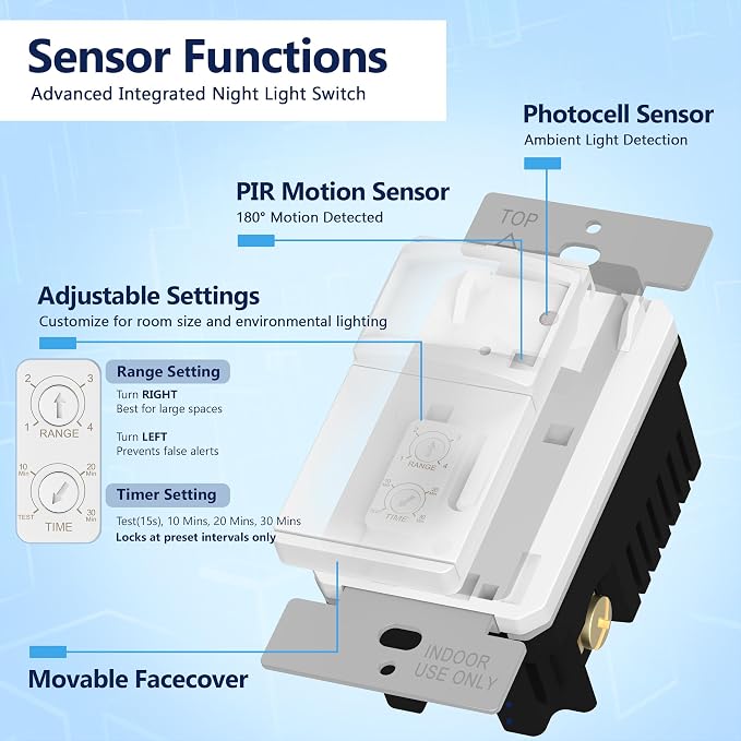 LIDER PIR Vacancy Motion Sensor Switch, LED, UL Listed, Matte White | 1200 Sq. Ft. Coverage, No Neutral Required, No Ground Required, Adjustable Time Delay, Wall Plate Included, Guide Light