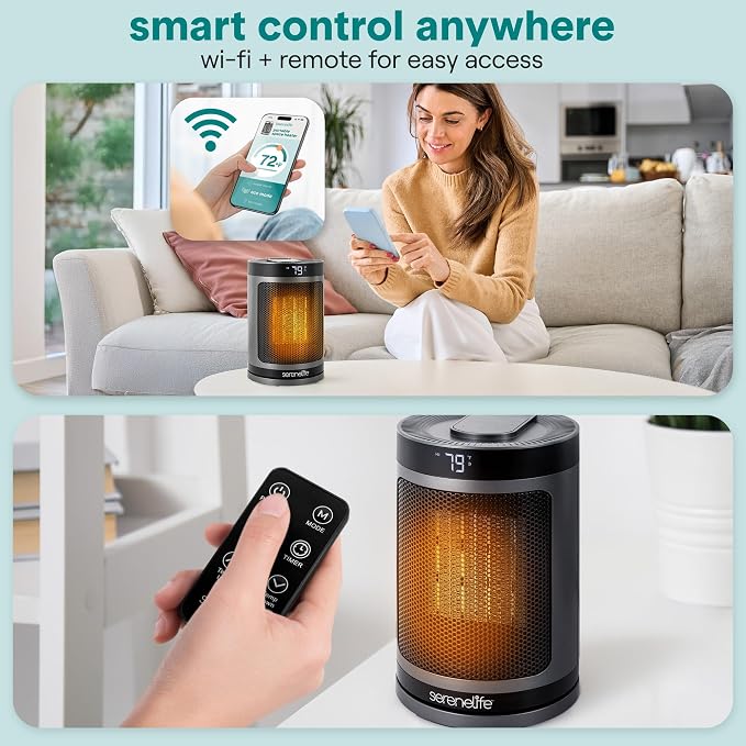 SereneLife Smart Space Heater – 1500W Indoor Electric Heater with Thermostat, Remote Control, 12-Hour Timer, Wi-Fi Enabled PTC Ceramic Heating for Home and Office, Gray (5.9" x 5.9" x 9.5")