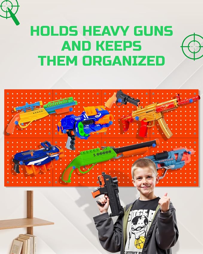 Skywin Wooden Pegboard Wall Organizer for Nerf Gun - 2 Pack - Orange | 8 MDF Panels, 20 Wooden Pegs, Compatible with All Blasters Nerf Gun Rack Organizer for Wall Organization