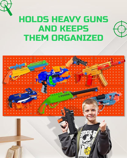 Skywin Wooden Pegboard Wall Organizer for Nerf Gun - 2 Pack - Orange | 8 MDF Panels, 20 Wooden Pegs, Compatible with All Blasters Nerf Gun Rack Organizer for Wall Organization