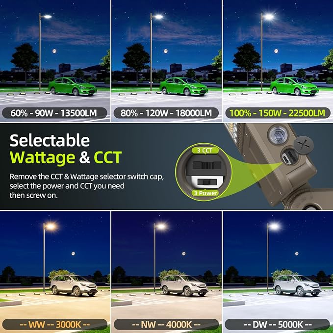 6 Pack 150W LED Parking Lot Light 22500LM, Power Tunable & 3CCT (3K/4K/5K) ETL Listed LED Pole Light IP65 Super Bright Commercial Flood Light with Photocell, AC100-277V