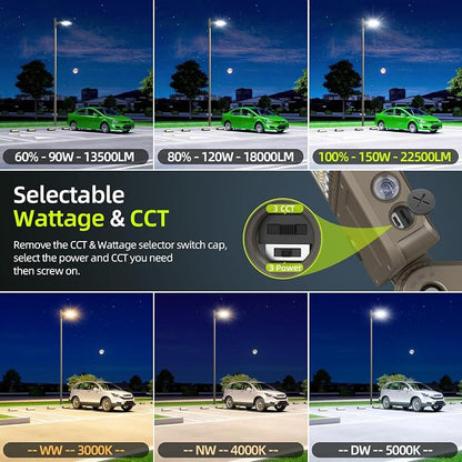 6 Pack 150W LED Parking Lot Light 22500LM, Power Tunable & 3CCT (3K/4K/5K) ETL Listed LED Pole Light IP65 Super Bright Commercial Flood Light with Photocell, AC100-277V