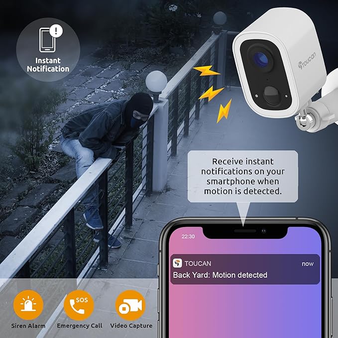 Toucan Wireless Security Camera S4 – 2K Quad HD Battery Powered Outdoor Camera, Motion Detection Alerts, Two-Way Audio, Night Vision, Weather Resistant, Smart Home Monitoring, No Subscription Required