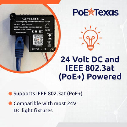 PoE Texas - PoE Lighting Plug and Play Kit with 24V LED Driver, 3X 2700K 6W LED Light Bulbs, Wireless Light Switch - Efficient 6 Watt led Light Bulbs, 40 Watt Equivalency, Soft Warm White A19 Bulb