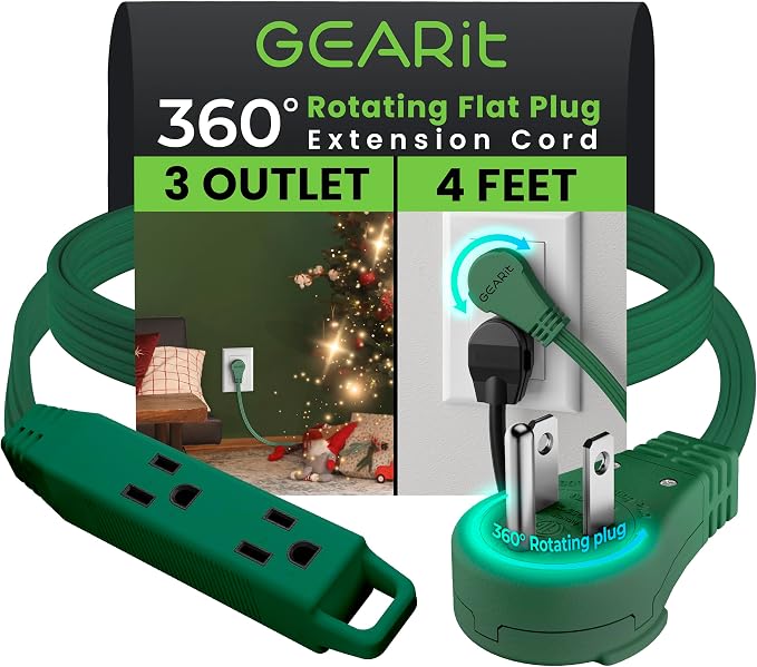 GEARit 4 ft 360° Rotating Flat Plug Extension Cord, 3 Outlet Low Profile Power Cord, 16 AWG 13A 3 Prong Grounded Indoor Cord, ETL Listed, Space-Saving for Behind Furniture, Green