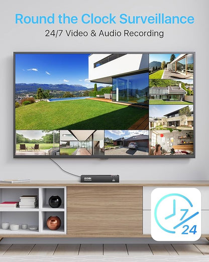 ZOSI 4K Spotlight PoE Security Camera System with Person Vehicle Detection,2 Way Audio,Color Night Vision,8 Port 16CH 8MP NVR with 2TB HDD,4pcs 5MP Outdoor PoE IP Cameras for Home 24/7 Recording