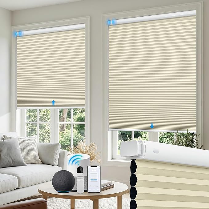 Motorized No Drill Cordless Cellular Shades, 1.5" Smart Electric Honeycomb Blind with Remote Control, Automatic No Drill Cellular Shades for Home and Office Indoor Window, Blackout Beige